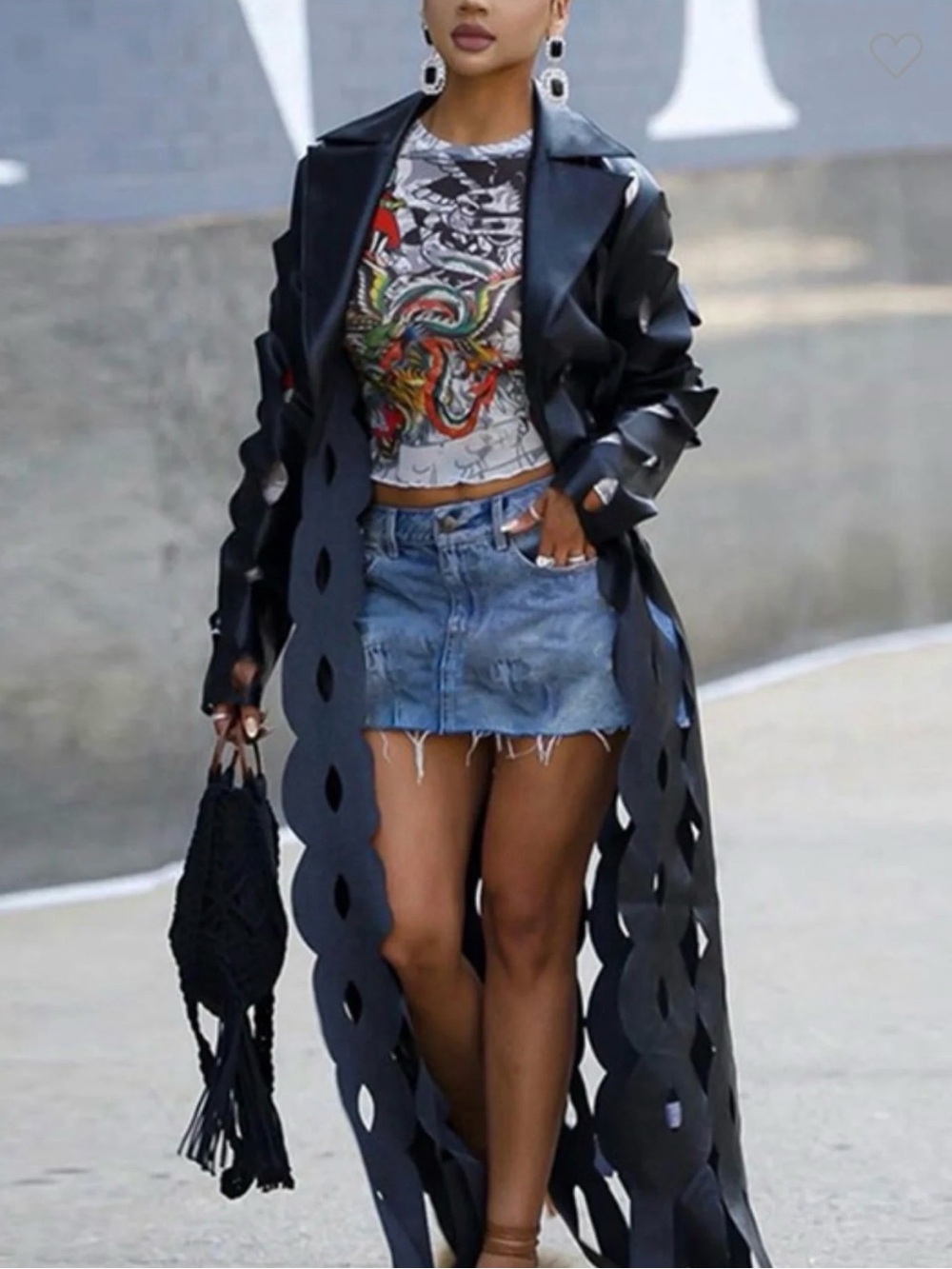 AKIRA Black Laser-Cut Faux Leather Trench Coat